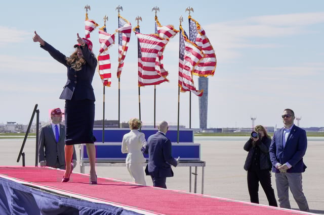 FILE - South Dakota Gov. Kristi Noem reacts to the crowd prior to remarks from Republican presidential candidate and former President Donald Trump at a campaign rally Saturday, March 16, 2024, in Vandalia, Ohio. (AP Photo/Jeff Dean, File)