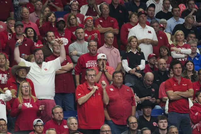 Houston fans watch play against Purdue during the first half of a Midwest Regional semifinal basketball game in the NCAA Tournament at Lucas Oil Stadium in Indianapolis, Friday, March 28, 2025.