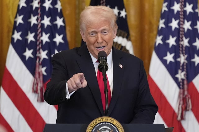 President Donald Trump speaks at a reception celebrating Women&#39;s History Month in the East Room of the White House, Wednesday, March 26, 2025, in Washington.