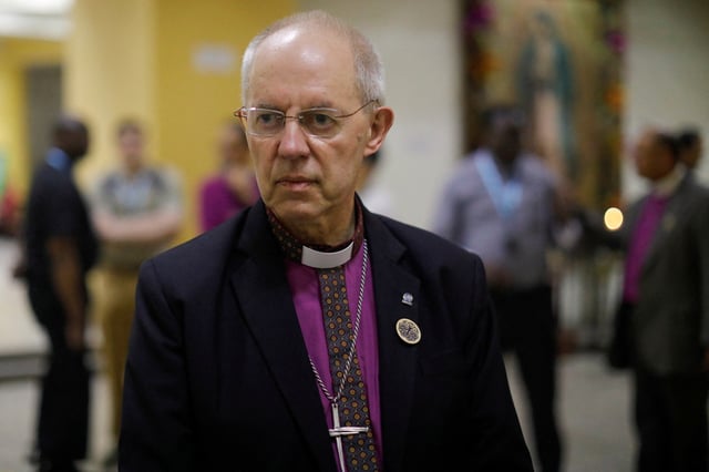 Archbishop of Canterbury Justin Welby looks on as he speaks with the press after a visit to the grave of Saint Oscar Arnulfo Romero, during a visit to El Salvador, at The Metropolitan Cathedral in San Salvador, El Salvador, June 4, 2024. REUTERS/Jose Cabezas/File Photo