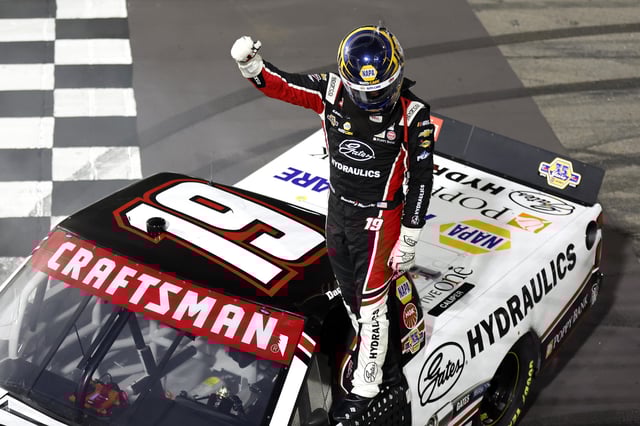 Daniel Hemric, driver of the #19 Gates Hydraulics Chevrolet, celebrates after winning the NASCAR Craftsman Truck Series Boys &amp; Girls Club of the Blue Ridge 200 at Martinsville Speedway on March 28, 2025 in Martinsville, Virginia.