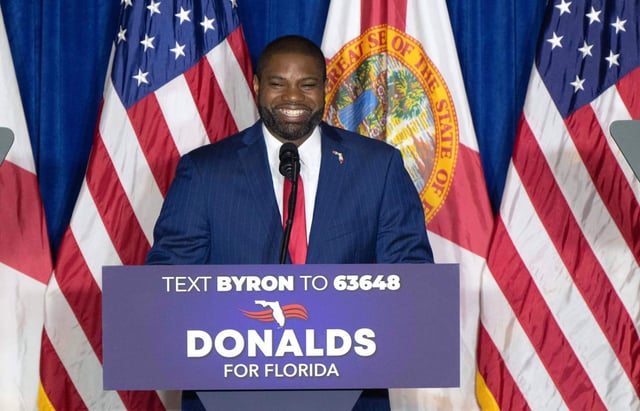 Republican gubernatorial candidate U.S. Rep. Byron Donalds speaks during his kickoff campaign, Friday, March 28, 2025, in Bonita Springs, Fla. (AP Photo/Chris Tilley)