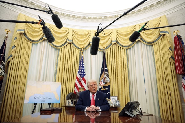 U.S. President Donald Trump speaks as he signs executive orders in the Oval Office of the White House on March 06, 2025 in Washington, DC. President Trump signed a series of executive orders, including lifting 25% tariffs for all goods compliant under USMCA trade agreement, terminating the security clearances of those who work at the law firm Perkins Coie, combating drug trafficking at the northern border as well as announcing a $20 billion investment by shipping giant CMA CGM for U.S. infrastructure and jobs.