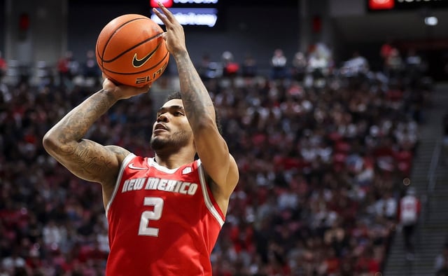 New Mexico guard Donovan Dent takes a shot against San Diego State during their game at Viejas Arena on Feb. 25, 2025 in San Diego. (Meg McLaughlin / The San Diego Union-Tribune)