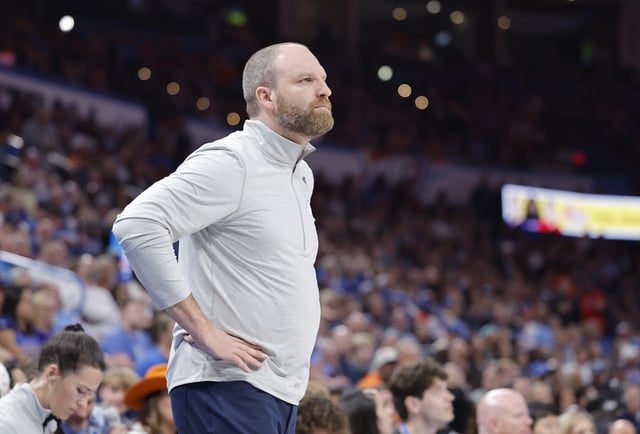 Mar 27, 2025; Oklahoma City, Oklahoma, USA; Memphis Grizzlies head coach Taylor Jenkins watches his team play against the Oklahoma City Thunder during the second half at Paycom Center. Alonzo Adams-Imagn Images/File Photo
