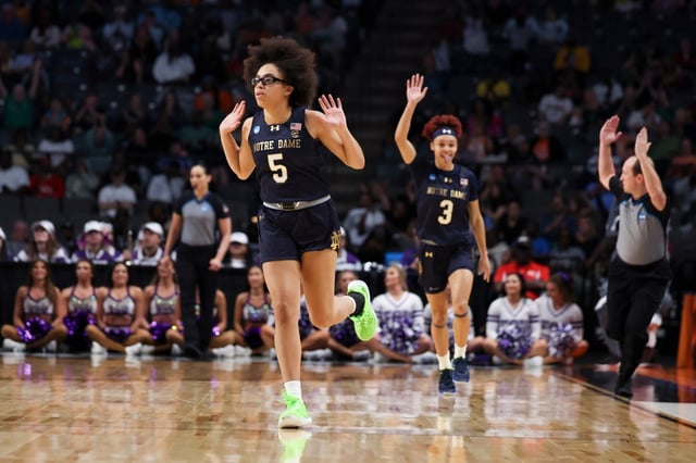 Notre Dame guard Olivia Miles (5) celebrate after making a 3-pointer against TCU in the Sweet 16 of the NCAA Tournament on March 29, 2025, in Birmingham, Ala. (Eileen T. Meslar/Chicago Tribune)