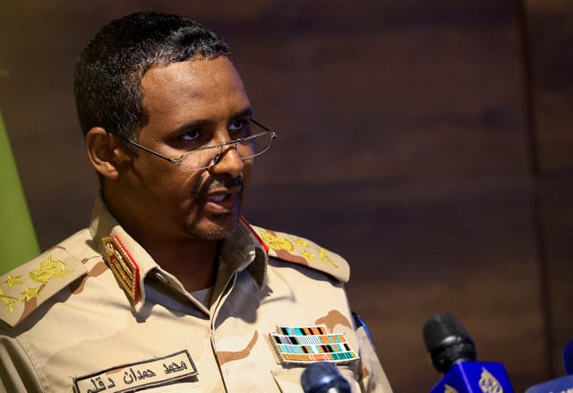 Deputy head of Sudan's sovereign council General Mohamed Hamdan Dagalo speaks during a press conference at Rapid Support Forces head quarter in Khartoum, Sudan February 19, 2023. REUTERS/Mohamed Nureldin Abdallah/File Photo
