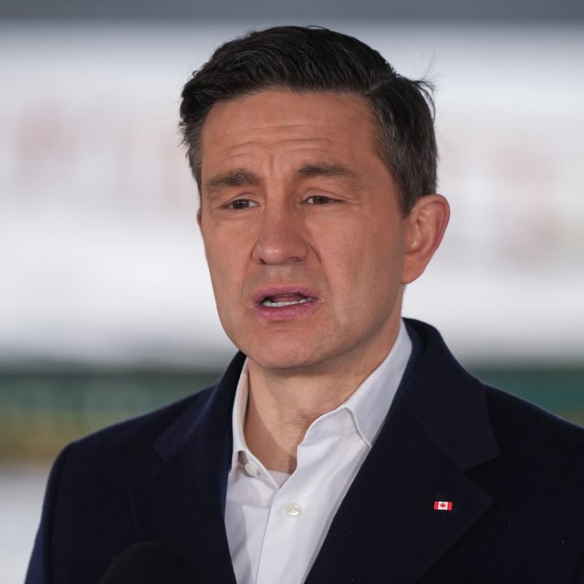 Conservative Leader Pierre Poilievre speaks during a campaign stop at Western Forest Products Duke Point Sawmill, in Nanaimo, B.C., on March 28.
