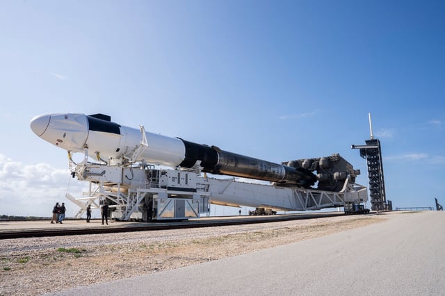 A SpaceX Falcon 9 rocket and Dragon spacecraft set to carry the Fram2 mission are rolled out to the launchpad in Florida.