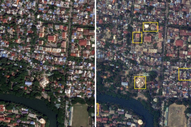 Satellite image of Mandalay, Myanmar before and after the 7.7 magnitude earthquake that hit the city on March 28, 2025.