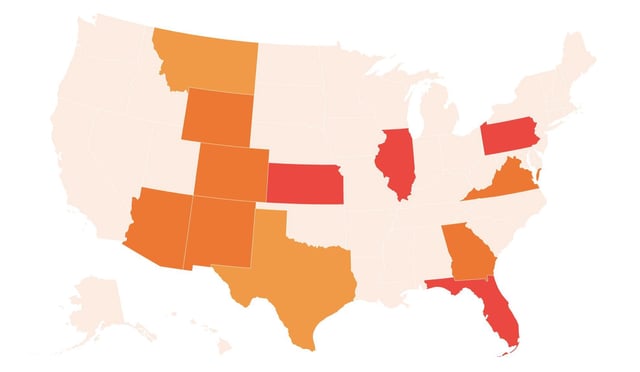 A map of the states trying to cut or eliminate property taxes this year. In the states in red, legislators have introduced bills that would abolish property taxes; in the state in darker orange, legislation has already been passed to cut property taxes; and in the states in light orange, lawmakers are currently trying to cut property taxes.