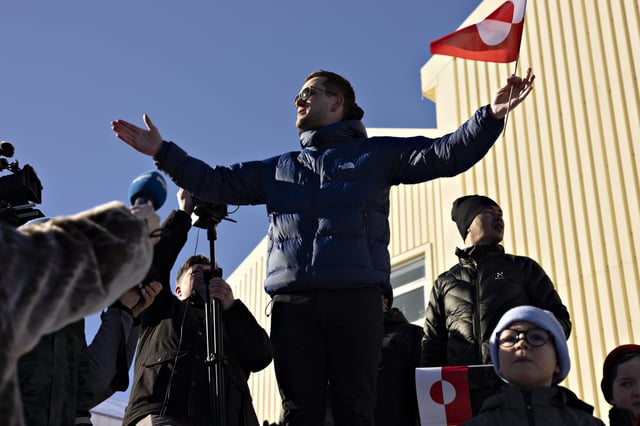 The leader of the political party Demokraatit, Jens-Frederik Nielsen, takes part in a march ending in front of the US consulate, under the slogan, Greenland belongs to the Greenlandic people, in Nuuk, Greenland, Saturday March 15, 2025.