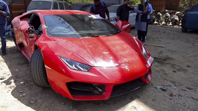 The Lamborghini car that hit two labourers, causing them serious injuries, near Noida Sector 94, Monday, March 31, 2025.
