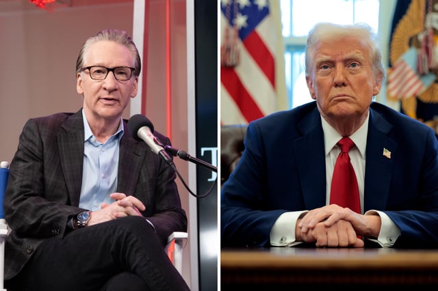 L: : Bill Maher visits The Megyn Kelly Show at the SiriusXM Studios on May 20, 2024 in New York City, R: U.S. President Donald Trump talks to reporters from the Resolute Desk in the Oval Office at the White House on January 30, 2025 in Washington, DC.