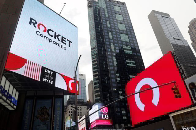 Screens display the logos of Rocket Companies (RKT), the parent company of Rocket Mortgage and Quicken Loans, in Times Square during the company's IPO on the New York Stock Exchange (NYSE) in New York City, New York, U.S., August 6, 2020.