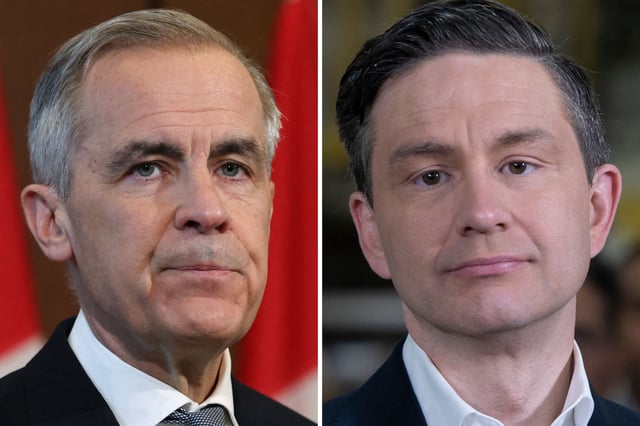 Canada&#39;s Prime Minister Mark Carney speaking to the media after meeting with his cabinet to deal with the US auto tariffs on March 27, 2025 on Parliament Hill in Ottawa (left) and Canada&#39;s Conservative leader Pierre Poilievre launching his campaign for the April 28 federal election at the Kruger plant in Brampton, Ontario, on March 24, 2025 (right).