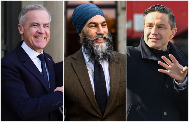 A composite image made from three file photographs shows, from left to right, Liberal Leader Mark Carney in Paris, France on Monday, March 17, 2025; NDP Leader Jagmeet Singh in Ottawa on Friday, Oct. 11, 2024; and Conservative Leader Pierre Poilievre in Saguenay, Que. on Thursday, March 20, 2025. 