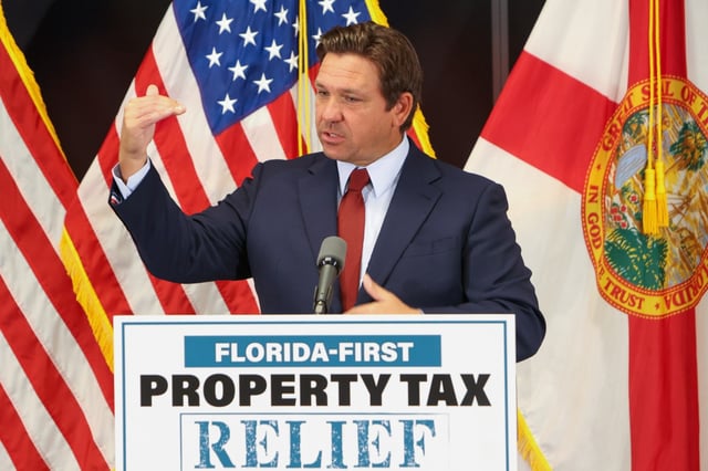Gov. Ron DeSantis speaks about his proposal for Florida to become the first state to abolish property taxes during a news conference at the Florida REALTORS headquarters in Orlando on Monday, March 31, 2025. (Rich Pope, Orlando Sentinel)
