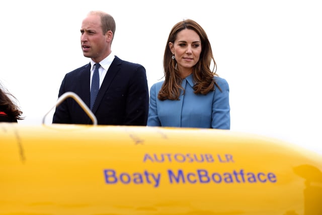 Britain's Will and and Catherine, Duchess of Cambridge, stand on the helideck in front of the unmanned submarine Boaty McBoatface during the naming of the RRS Sir David Attenborough at Camel Laird shipyard in Birkenhead on Sept. 26, 2019.