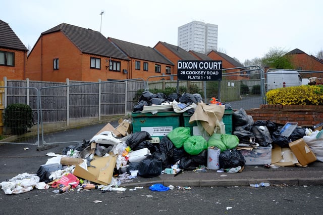 A large pile of garbage is seen in Birmingham, England on March 24.