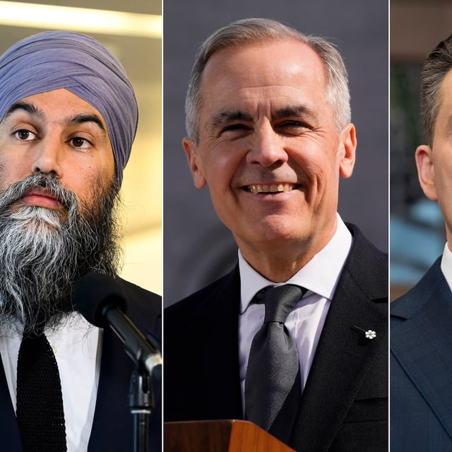 NDP Leader Jagmeet Singh speaks in Ottawa on January 22, 2025, left to right, Prime Minister Mark Carney speaks in Ottawa on March 14, 2025, and Conservative Leader Pierre Poilievre speaks with media in Ottawa on Monday, Mar 10, 2025. THE CANADIAN PRESS/Justin Tang, Adrian Wyld