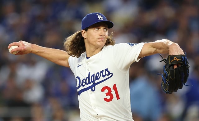 Dodgers starting pitcher Tyler Glasnow throws to the plate during the first inning of their game against the Atlanta Braves on Monday night at Dodger Stadium. Glasnow allowed two hits in five scoreless innings, with eight strikeouts and three walks in a 6-1 win. (Photo by Luke Hales/Getty Images)