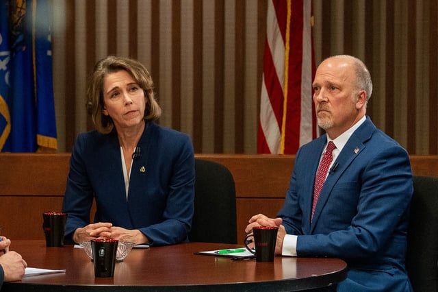 Dane County Judge and Wisconsin Supreme Court Candidate Susan Crawford and (right) Supreme Court candidate and Waukesha County Judge Brad Schimel during a televised debate on March 12, 2025 in Milwaukee, Wis.