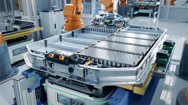 EV Battery Pack on Production Line Equipped with Robot Arms inside Modern Factory.