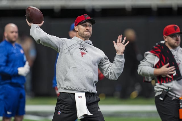 Dec 22, 2024; Atlanta, Georgia, USA; Atlanta Falcons quarterback Kirk Cousins (18) warms up on the field prior to the game against the New York Giants at Mercedes-Benz Stadium. Mandatory Credit: Dale Zanine-Imagn Images/File photo