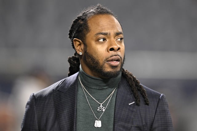 Richard Sherman looks on from the set of the TNF on Prime pregame show prior to the game between the Seattle Seahawks and the Chicago Bears at Soldier Field on Dec. 26, 2024 in Chicago, Illinois. 