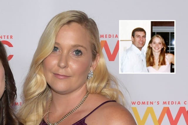 Virginia Giuffre is seen at the 2019 Women&#39;s Media Awards at Mandarin Oriental, in New York City, on October 22, 2019, and inset with Prince Andrew at Ghislaine Maxwell&#39;s London house in 2001, in an image from her lawsuit against the royal.