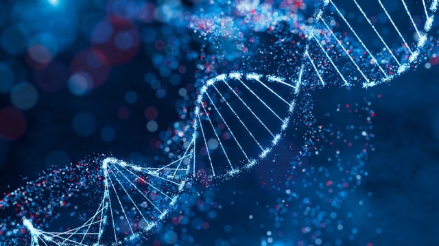 Sparkling DNA helix structure in blue and red. High-tech concept of genetic research, bioinformatics, and computational biology. Design for science background, genomic study poster, and medical presentation. Abstract visualization with bokeh effect and dynamic particles.