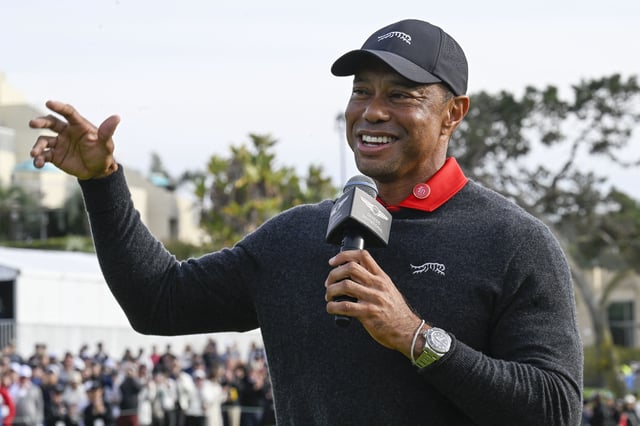 Feb 16, 2025; San Diego, California, USA; Tiger Woods addresses the fans at The Genesis Invitational golf tournament at Torrey Pines. Mandatory Credit: Denis Poroy-Imagn Images/File Photo