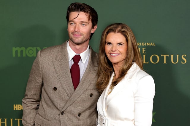 Patrick Schwarzenegger and Maria Shriver at the Los Angeles premiere of "The White Lotus" on Feb. 10, 2015.