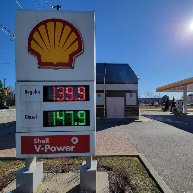 A gas station in Newcastle, Ont. display their gasoline and diesel per litre prices on Wednesday April 1, 2025. Consumers are paying a new price on their carbon emissions starting today — $0.  THE CANADIAN PRESS/Doug Ives