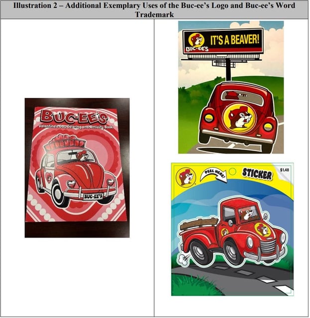 Examples of Buc-ee's trademarks being used in association with a red truck.