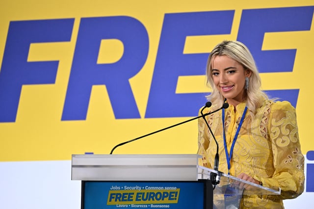US author Ashley St. Clair, delivers a speech during a convention of the European Parliament leaders of Identity and Democracy group (ID), on December 3, 2023 at the Fortezza da Basso in Florence.
