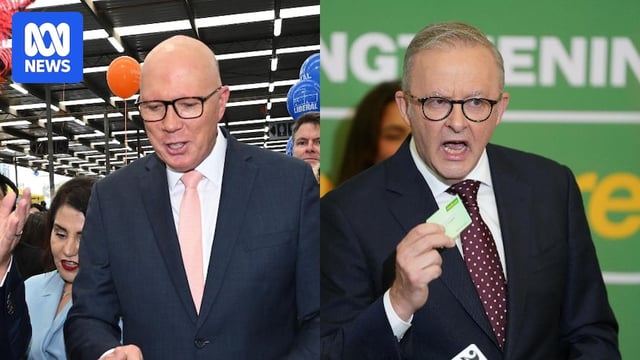A composite image of Peter Dutton campaigning and Anthony Albanese holding his Medicare card.