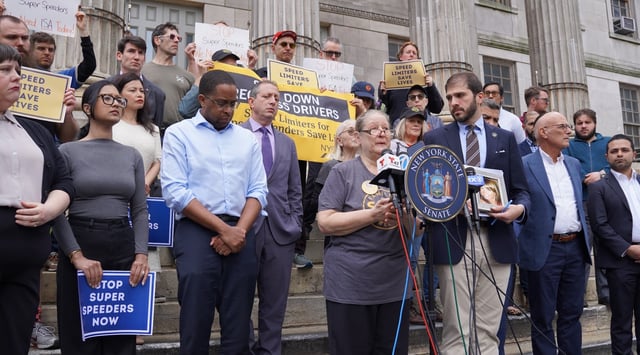 Elected officials and advocates rally at Brooklyn Borough Hall for the "Stop Super Speeders" bill following a deadly car crash on March 29, 2025 that killed three people in Midwood, Brooklyn. (Courtesy Office of State Sen. Andrew Gounardes, Office of Assembly member Emily Gallagher)