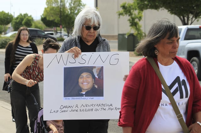 FILE - Families and victims advocates participate in a prayer walk around the Indian Pueblo Cultural Center to mark Missing and Murdered Indigenous Persons Day in Albuquerque, N.M., Sunday, May 5, 2024. (AP Photo/Susan Montoya Bryan, File)