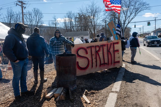 New York correctional officers and sergeants continue their strike for a second week outside of the Ulster and Eastern Correctional Facilities on February 28, 2025 in Napanoch, New York.