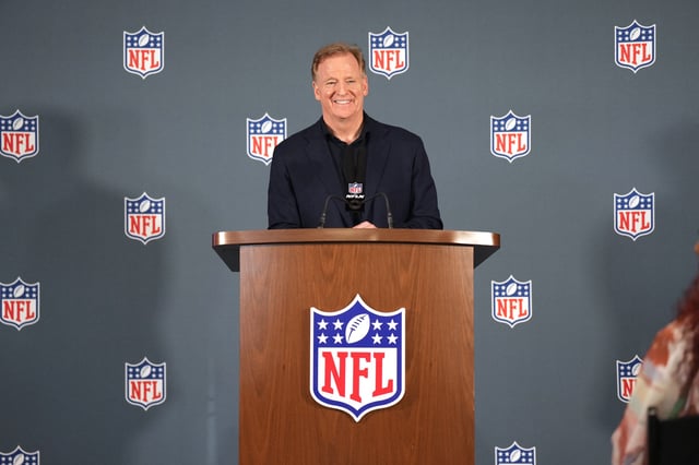 Apr 1, 2025; Palm Beach, FL, USA;  NFL commissioner Roger Goodell addresses the media at the NFL Annual League Meeting at The Breakers. Mandatory Credit: Jim Rassol-Imagn Images