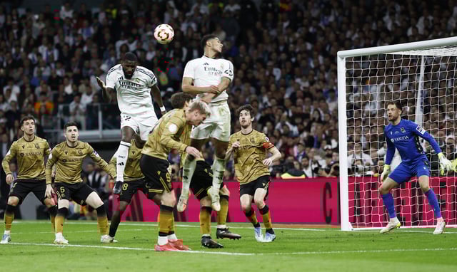 Soccer Football - Copa del Rey - Semi Final - Second Leg - Real Madrid v Real Sociedad - Santiago Bernabeu, Madrid, Spain - April 1, 2025 Real Madrid's Antonio Rudiger scores their fourth goal REUTERS/Juan Medina