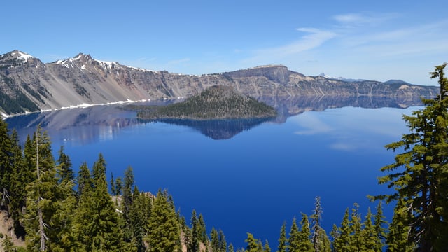 A view of Wizard Island from the lodge area at Crater Lake National Park.