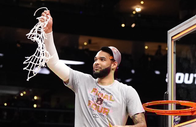Mar 30, 2025; Atlanta, GA, USA; Auburn Tigers forward Johni Broome (4) celebrates after winning the South Regional final of the 2025 NCAA tournament against the Michigan State Spartans at State Farm Arena. Mandatory Credit: Dale Zanine-Imagn Images/File Photo