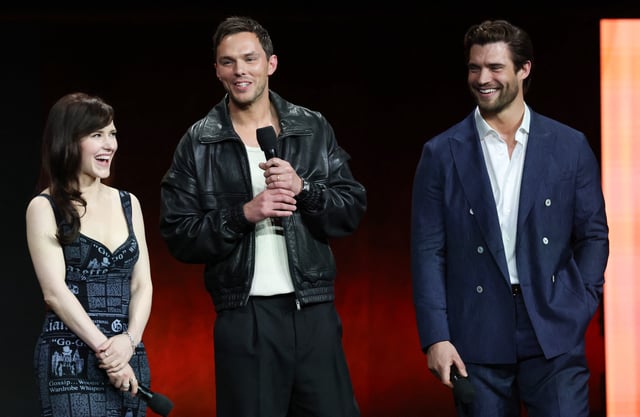 Rachel Brosnahan (far left), Nicholas Hoult and David Corenswet discuss "Superman" at a DC Studios presentation at Comic-Con.