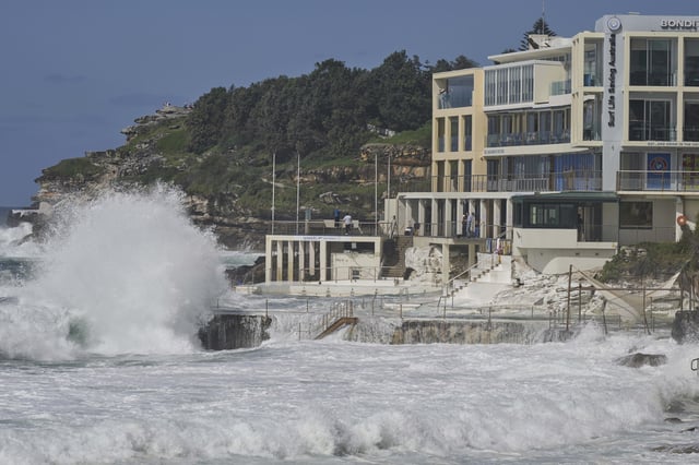 Waves hit Bondi icebergs pool as large swells hit Sydney's Bondi Beach Wednesday, April 2, 2025. (AP Photo/Mark Baker)