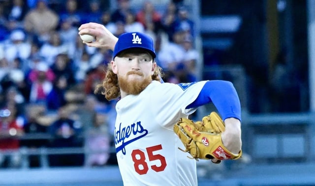 Dodgers starting pitcher Dustin May throws to the plate during the first inning of their game against the Atlanta Braves on Tuesday night at Dodger Stadium. May allowed one unearned run in five innings in a 3-1 win. (Photo by Keith Birmingham, Orange County Register/SCNG)
