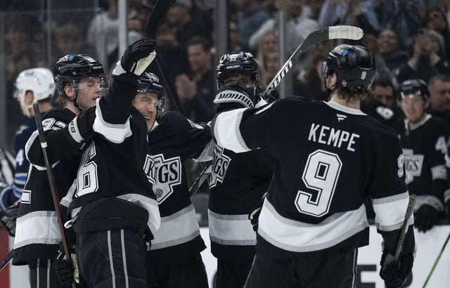 Kings players celebrate a goal by left wing Andrei Kuzmenko (96) during the second period of their 4-1 victory over the Winnipeg Jets on Tuesday night at Crypto.com Arena. (AP Photo/Kyusung Gong)