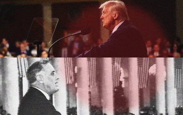 Illustration by Noah Hickey. (Photo of Franklin Roosevelt from the Bettman Collection/Getty Images. Photo of Donald Trump by Win McNamee/Getty Images.)